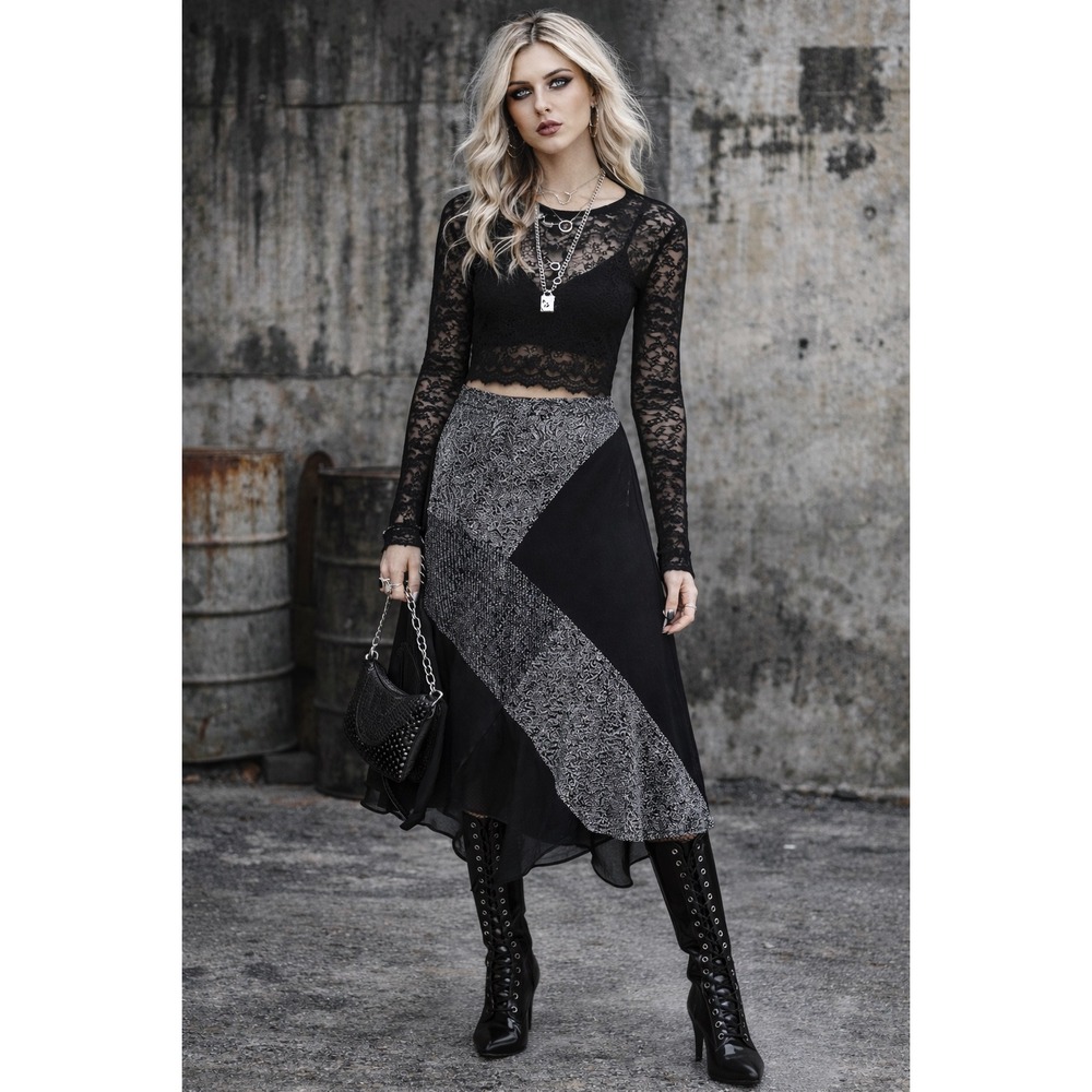 Allison Taylor Silk Midi Skirt L Black Gray Paisley Asym Hem Goth Grunge Alt